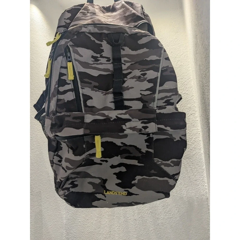 Lands' End Backpack Camo 3 Zip Large Pockets 2 Bottle Pockets Black Gray Yellow